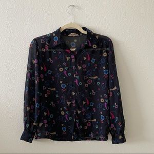 Vintage sheer colorful patterned button up blouse